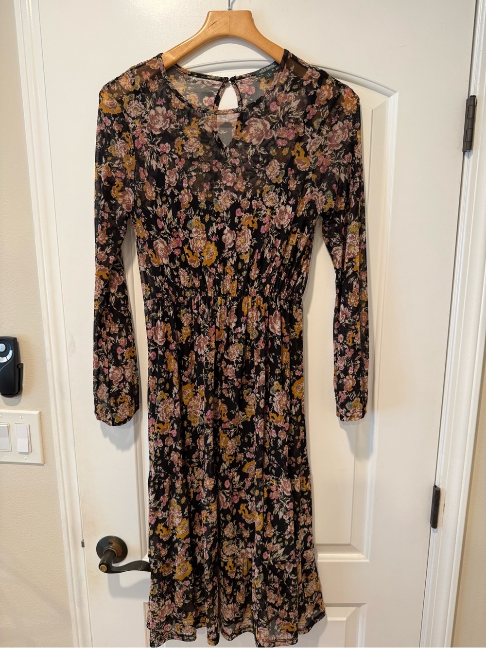 wild fable Black Floral Long Sleeve Midi Dress with Pink and Mustard Accents
